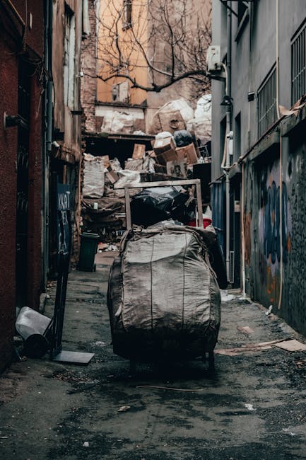 The image depicts a narrow urban alleyway cluttered with various discarded waste materials, primarily large black plastic bags and a bulky, weathered grey garbage sack positioned in the foreground, standing upright on a worn, dark asphalt surface. Behind these, a pile of cardboard boxes, some flattened and others partially intact, along with white plastic bags and miscellaneous rubbish, are stacked against a makeshift barrier at the end of the alley. The surrounding environment includes the facades of adjacent buildings on each side: the left with a rusty metal door and graffiti-covered wall, and the right with a dark grey wall featuring vertical metal bars and a window with security bars. Bare tree branches extend overhead, casting a sparse, diffuse light across the scene, which emphasizes the grim, neglected atmosphere typical of private waste handling efforts in urban settings. Occasionally, small debris like a plastic bottle and bits of paper are visible scattered on the ground, highlighting the cluttered and unmaintained state of this alley, consistent with independent rubbish collection sites managed by local waste services such as Rubbish Collection Hampstead.